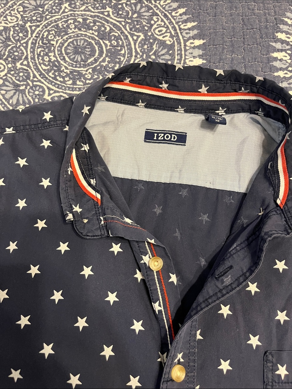 Izod Navy Star-Print Button Down Shirt with Red Trim